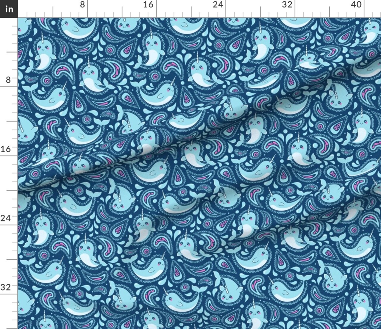 Ocean Life Narwhal Paisley Marine Novelty Blue Pink Sea Kid Large Scale Custom Printed Fabric by Spoonflower Various Fabrics by the Yard or Fat Quarter